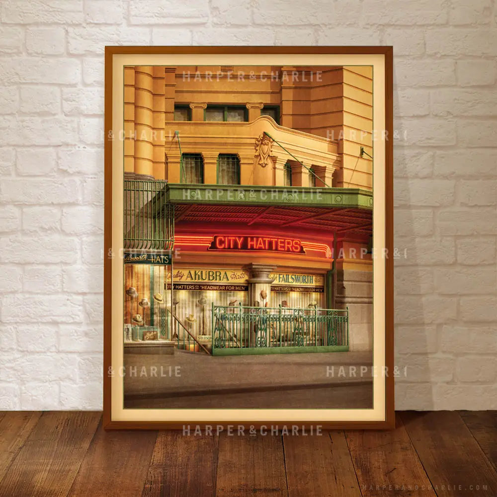 City Hatters Shopfront Framed Art Print bu Harper and Charlie